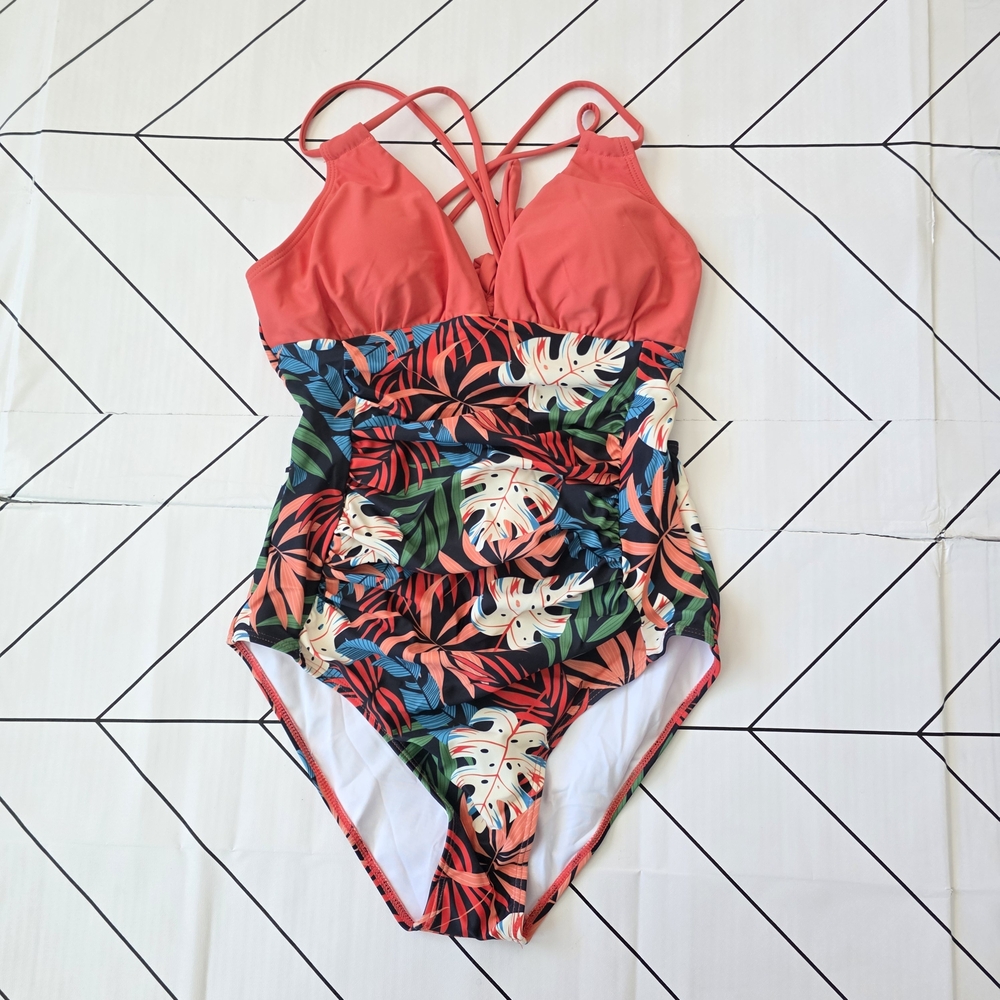 Women One Piece Swimsuit Tummy Control V Neck Crisscross Back Bathing Suit.M